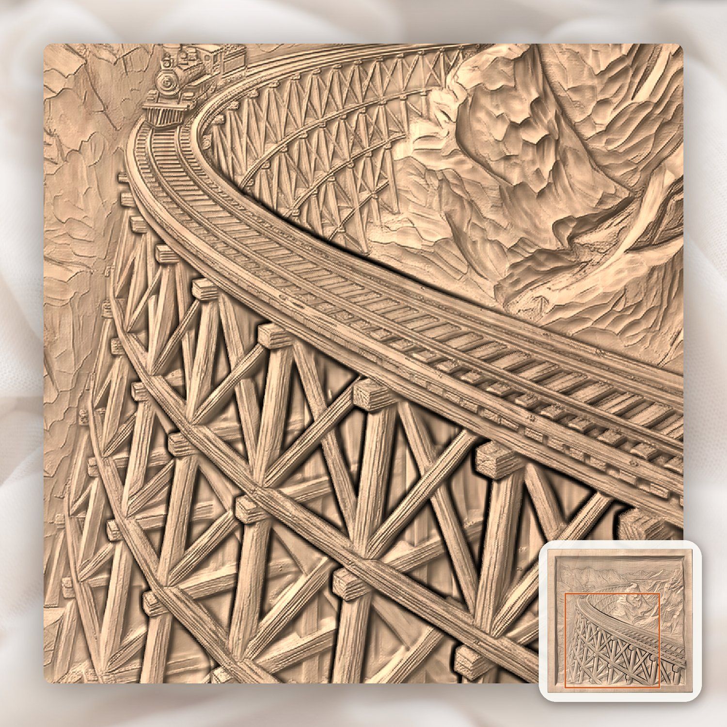 Steam Engine Mountain Trestle Bridge CNC Relief STL bas-relief STL — view 7