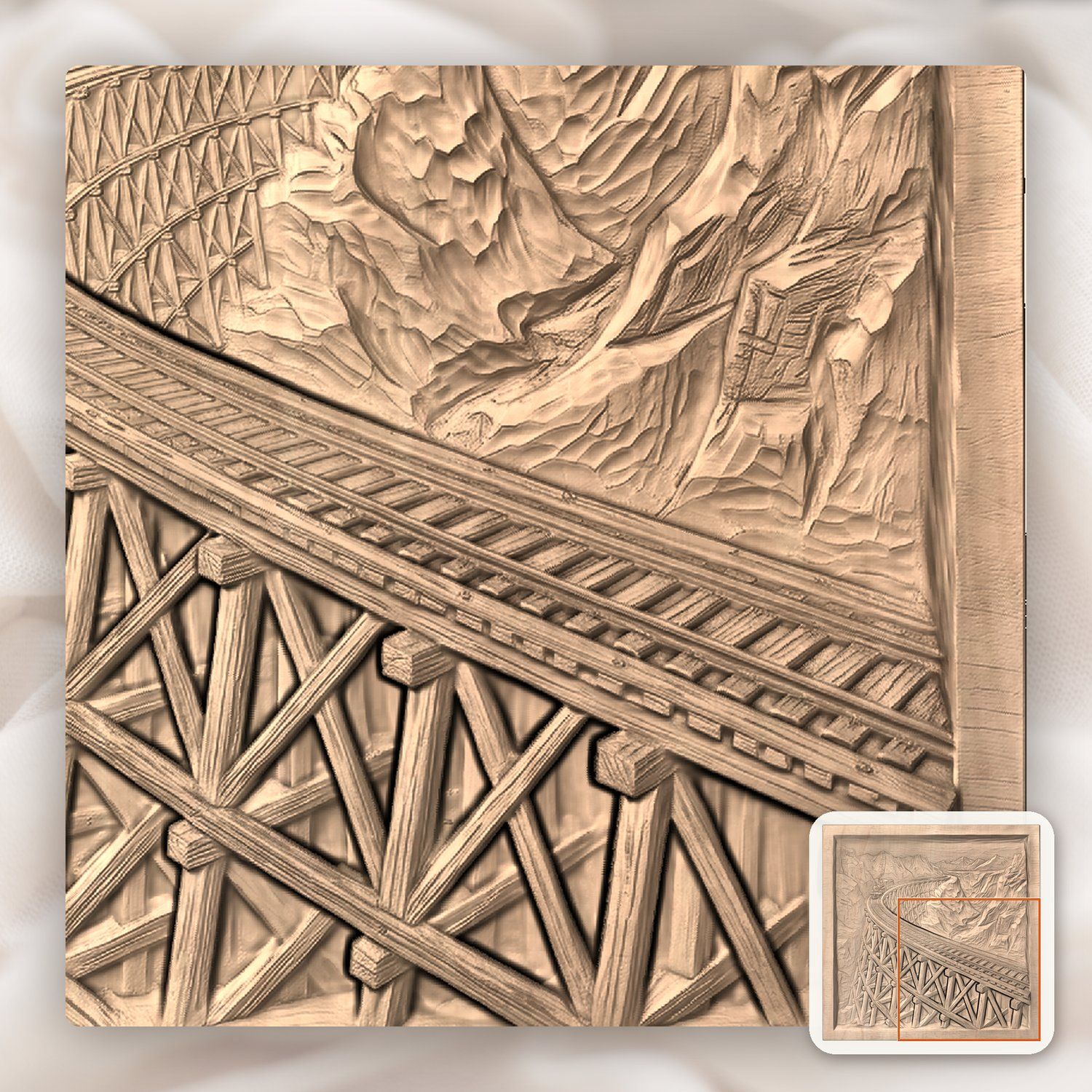 Steam Engine Mountain Trestle Bridge CNC Relief STL bas-relief STL — view 8