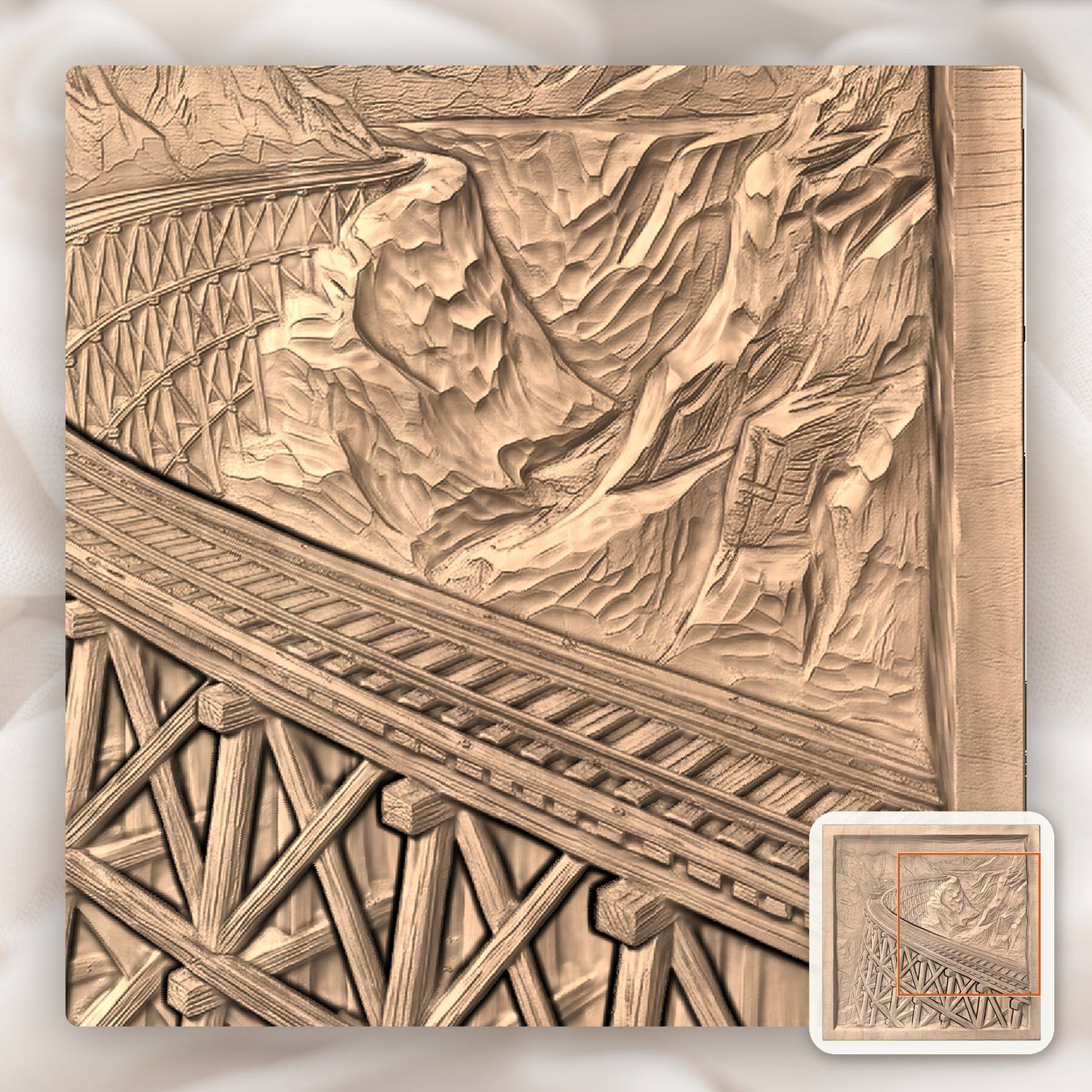 Steam Engine Mountain Trestle Bridge CNC Relief STL bas-relief STL — view 10
