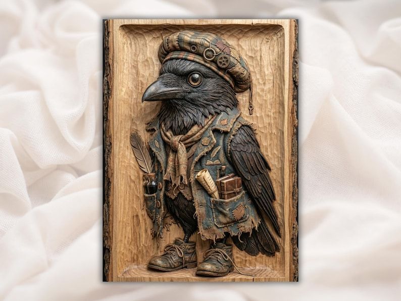 Bas-relief carving of a steampunk raven wearing a cap, scarf, patched coat, and small leather boots