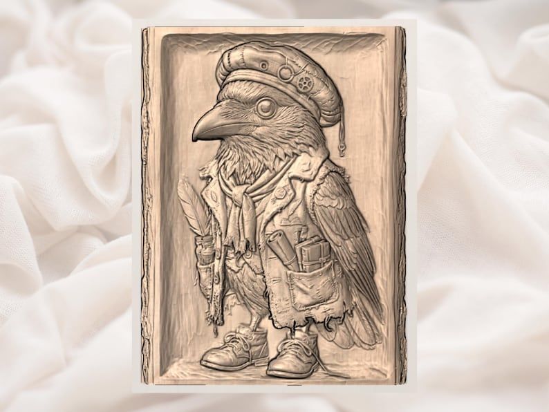 Steampunk Raven STL with Cap, Scarf, and Tiny Boots bas-relief STL — view 2