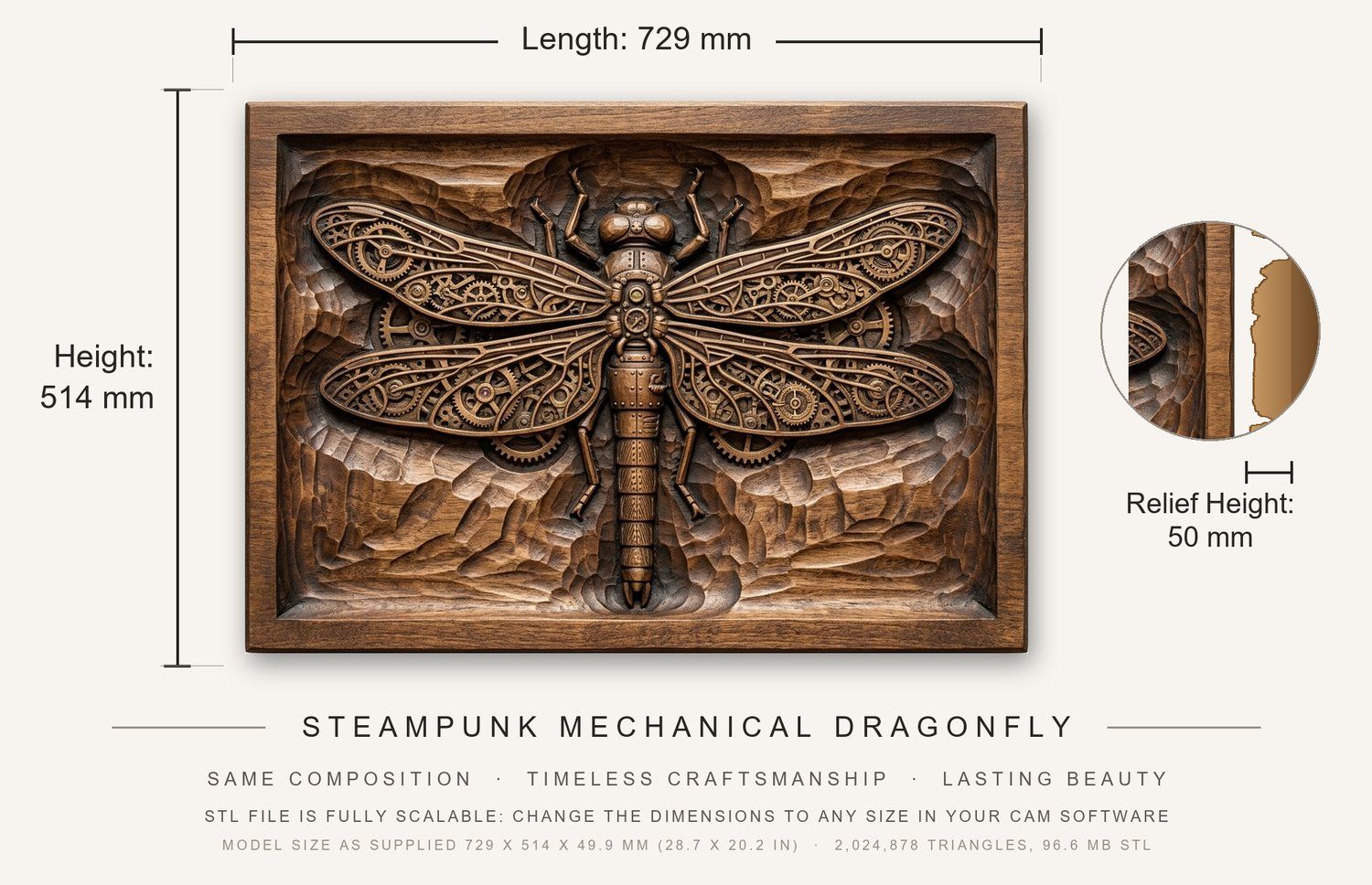 Steampunk Mechanical Dragonfly CNC Relief STL bas-relief STL — view 3