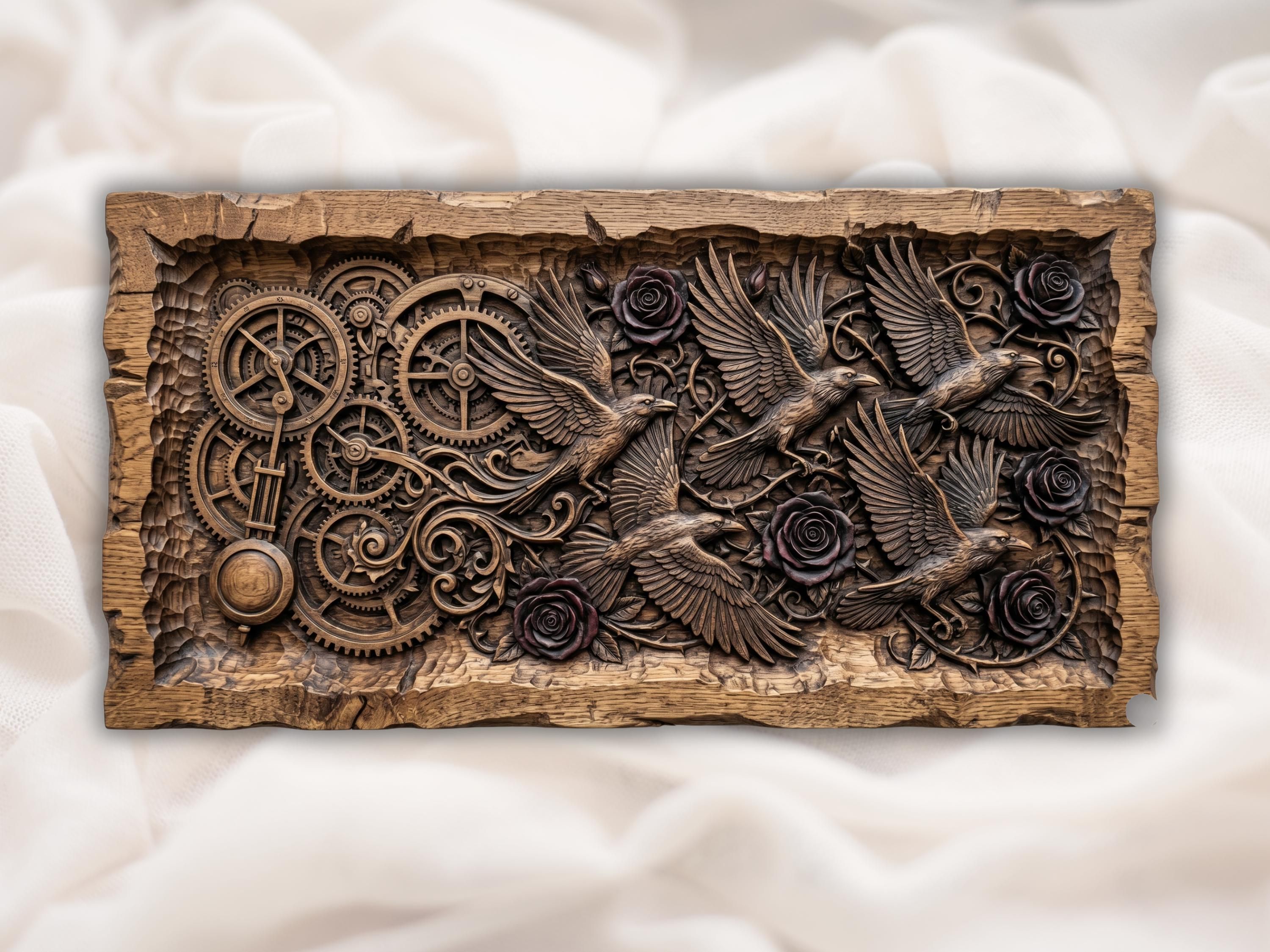 Carved wood bas-relief of two ravens in flight surrounded by dark roses, gears, and twisting vines.