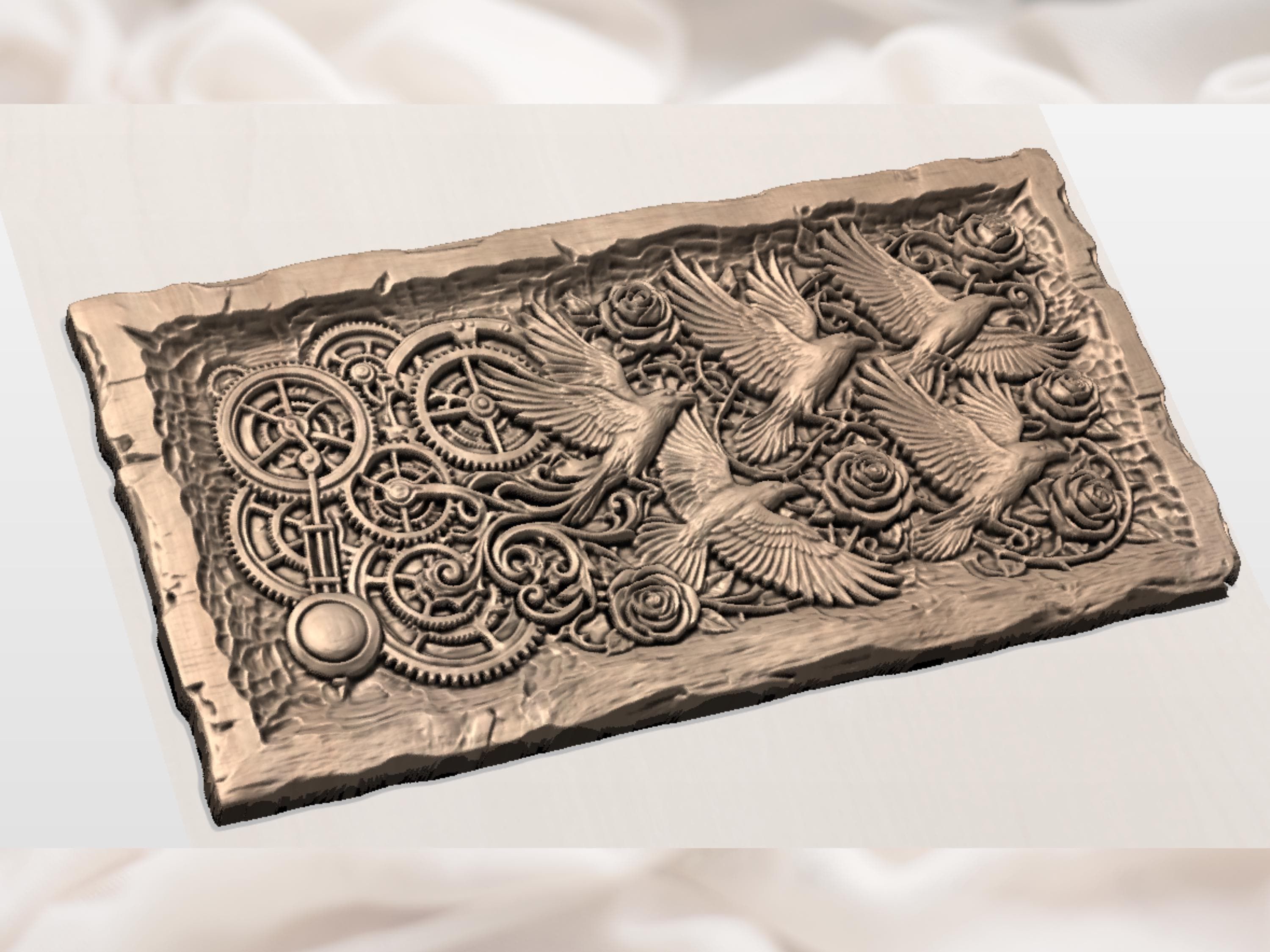 Steampunk Ravens and Dark Roses Bas-Relief STL Carving bas-relief STL — view 2