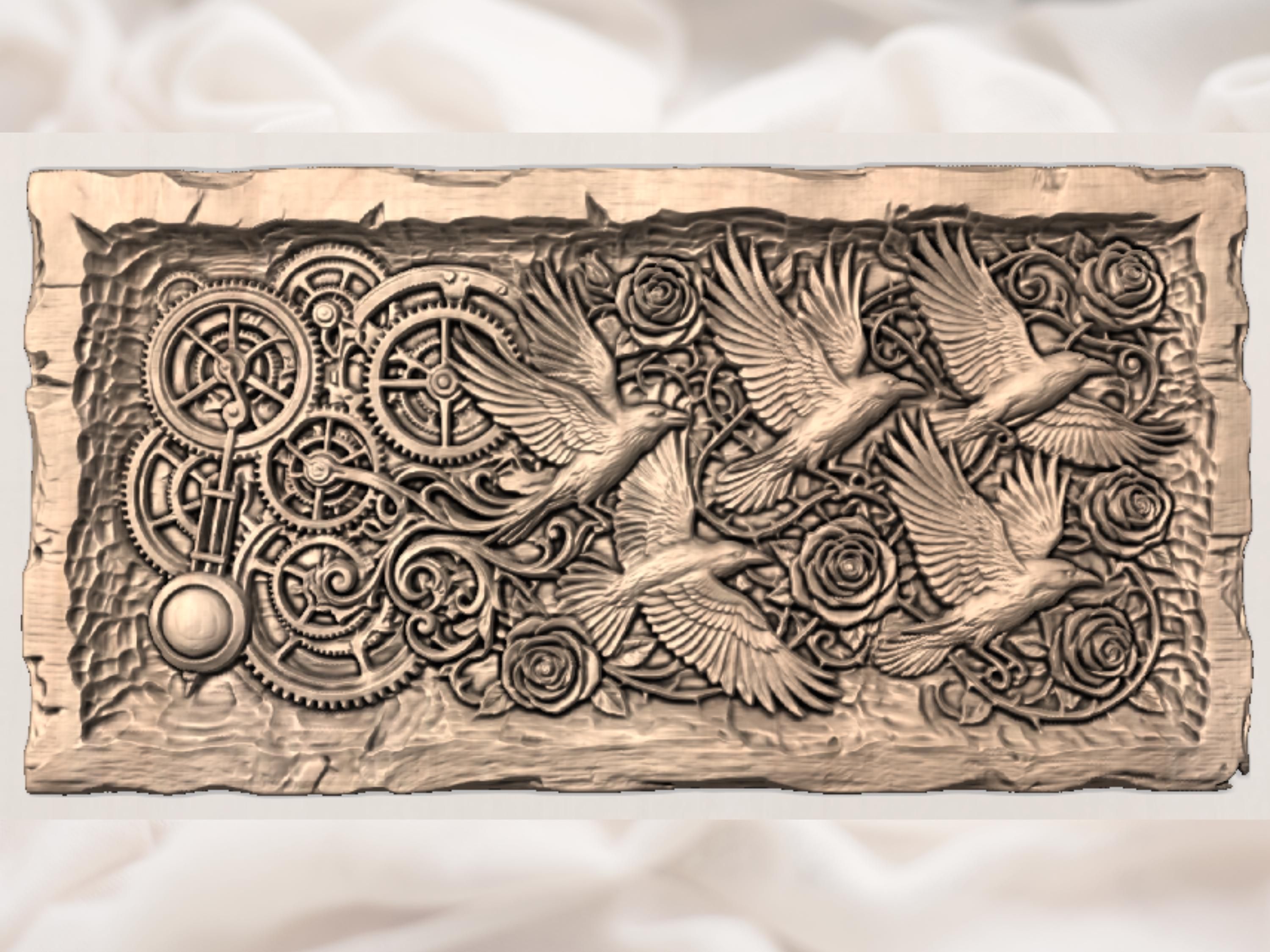 Steampunk Ravens and Dark Roses Bas-Relief STL Carving bas-relief STL — view 3