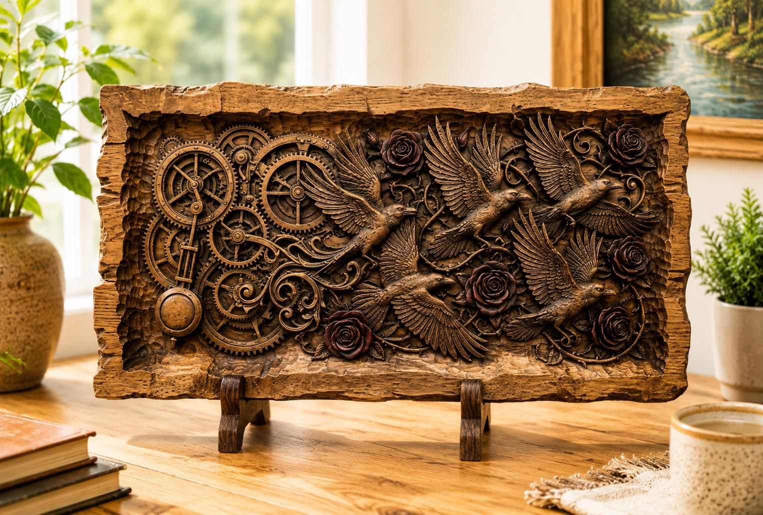 Steampunk Ravens and Dark Roses Bas-Relief STL Carving bas-relief STL — view 4