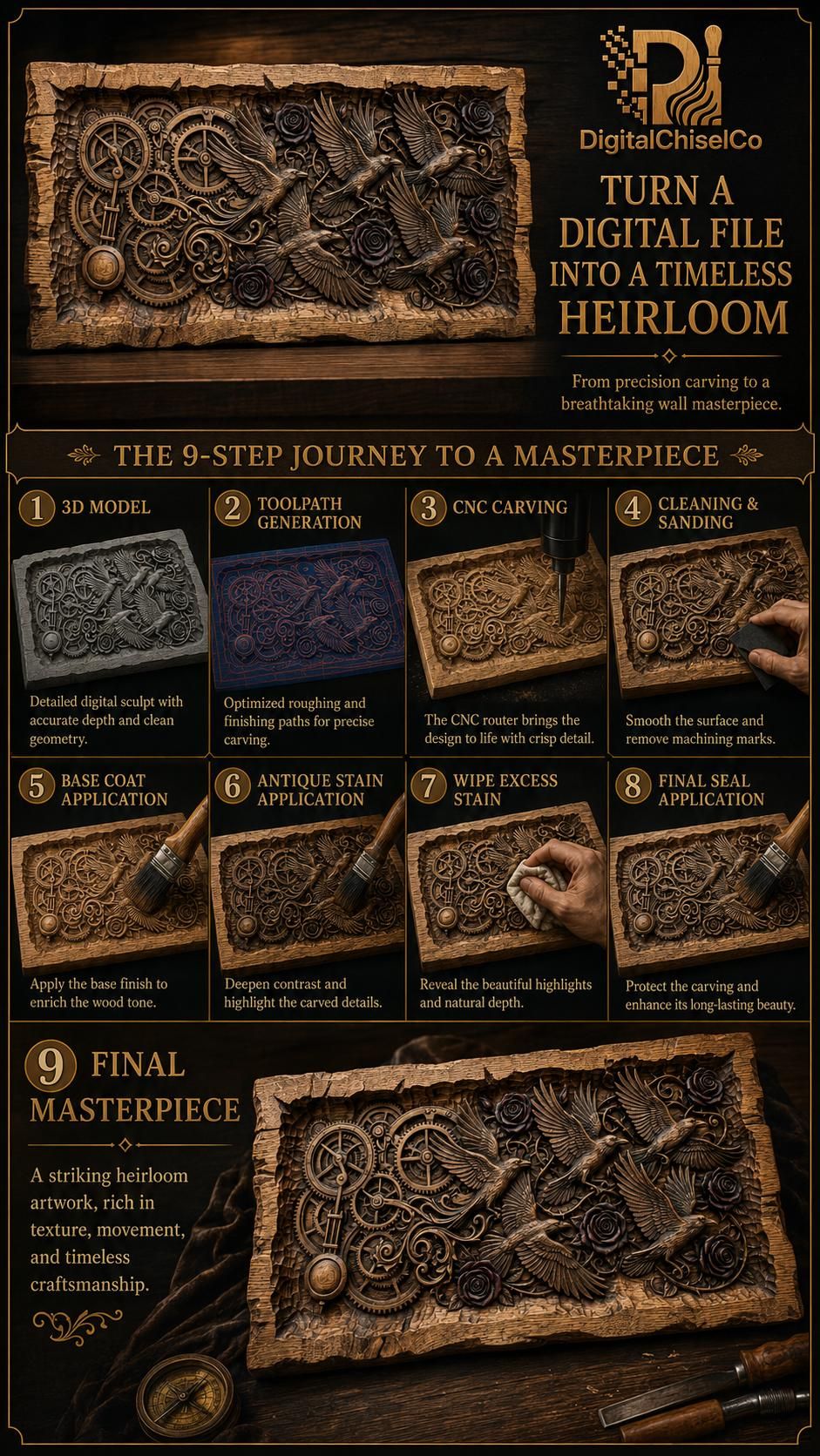 Steampunk Ravens and Dark Roses Bas-Relief STL Carving bas-relief STL — view 5