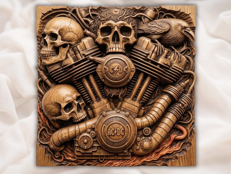 Carved wood relief of a V-twin engine with three skulls, a raven, pipes, and flames below.