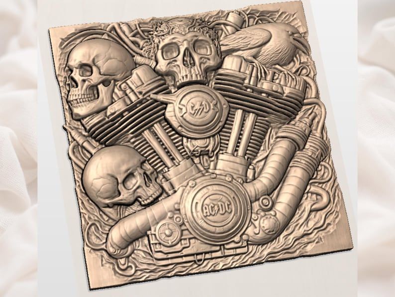 V-Twin Engine Skull Relief with Raven and Flames STL bas-relief STL — view 2