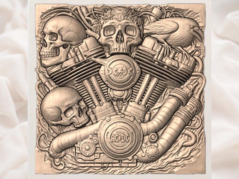 V-Twin Engine Skull Relief with Raven and Flames STL bas-relief STL — view 3