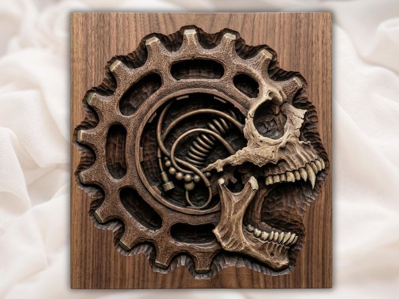 Carved wood bas-relief of a snarling skull fused with a steampunk gear, exposed springs and tubing inside