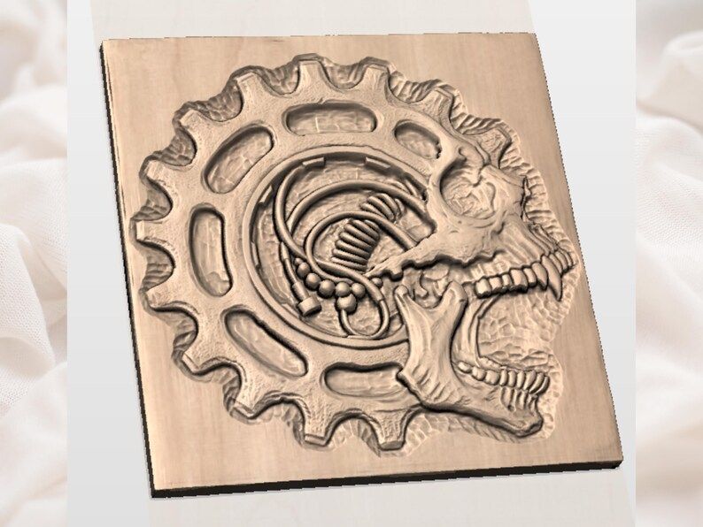 Steampunk Gear Skull Bas-Relief with Exposed Spring Core bas-relief STL — view 2