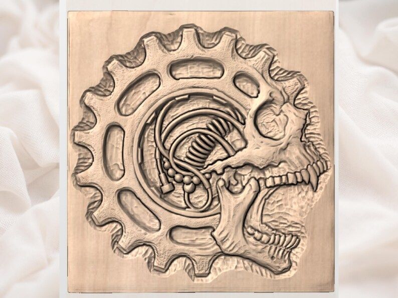 Steampunk Gear Skull Bas-Relief with Exposed Spring Core bas-relief STL — view 3