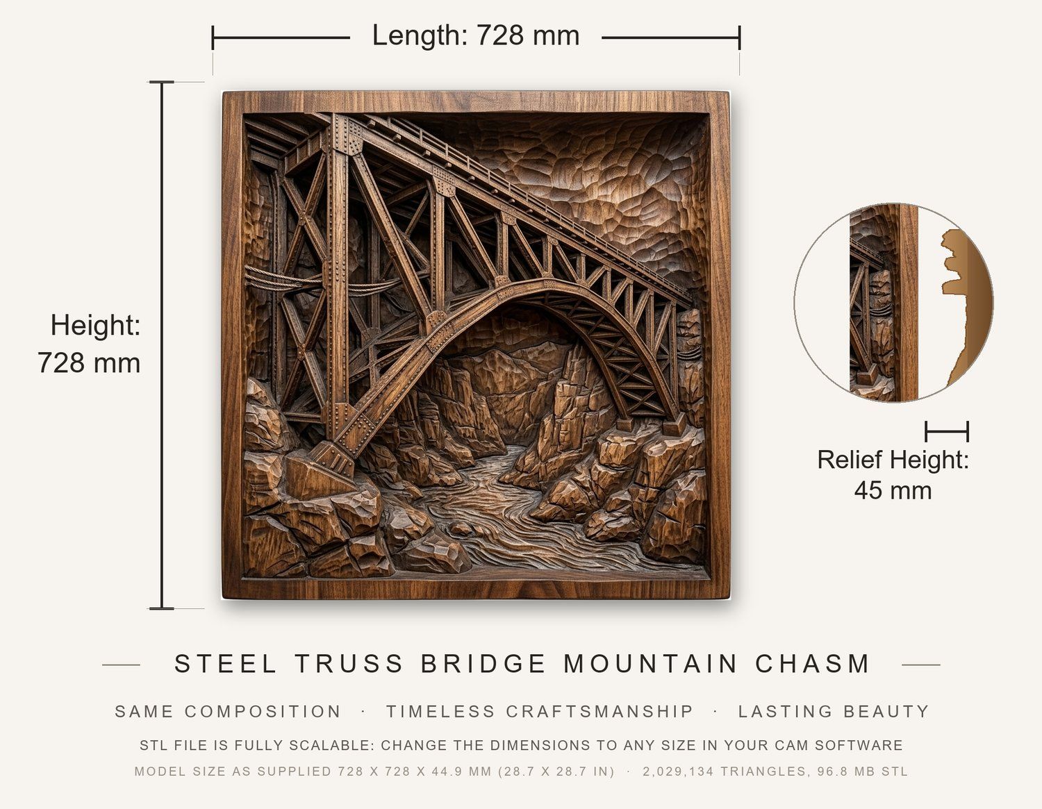 Steel Truss Bridge Mountain Chasm CNC Relief STL bas-relief STL — view 3