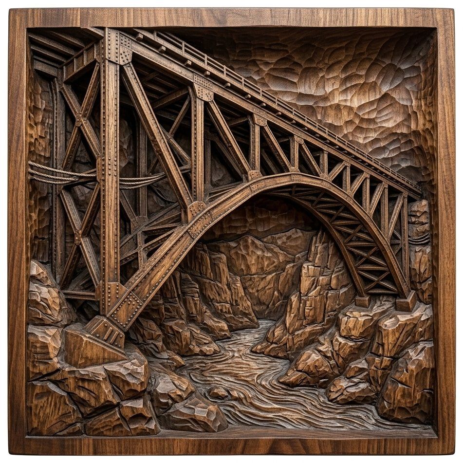 Steel Truss Bridge Mountain Chasm CNC Relief STL bas-relief STL — view 4