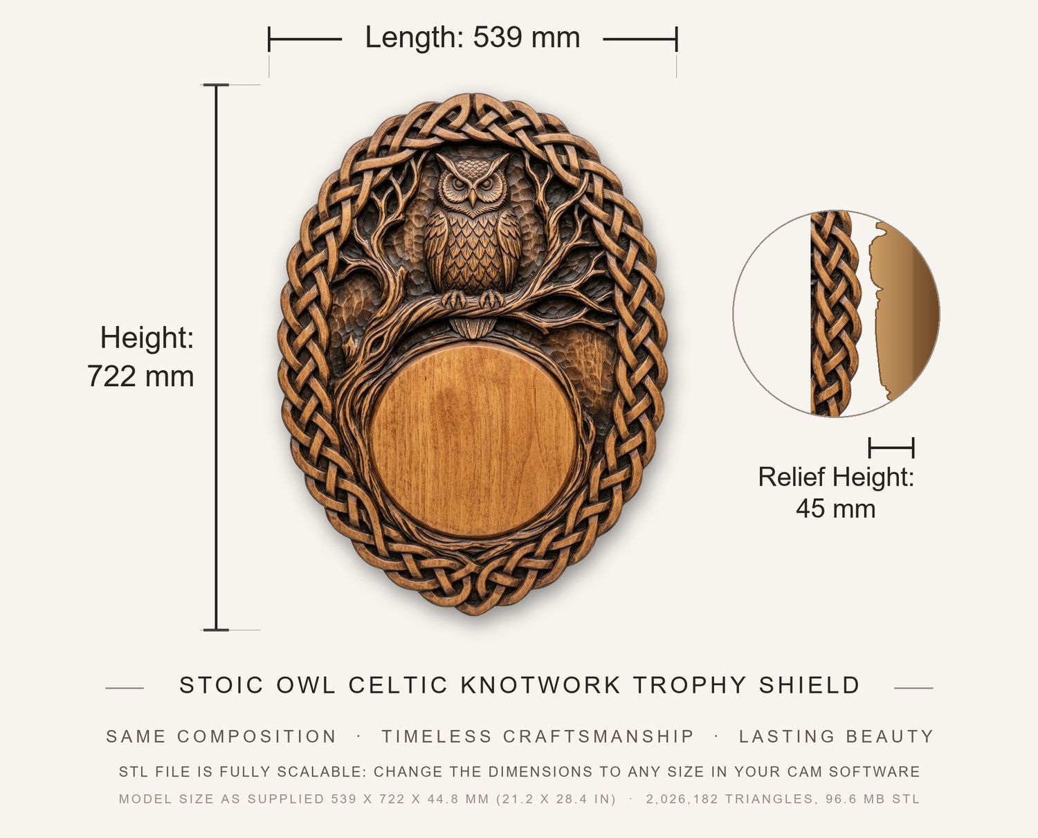 Stoic Owl Celtic Knotwork Trophy Shield CNC Relief STL bas-relief STL — view 3