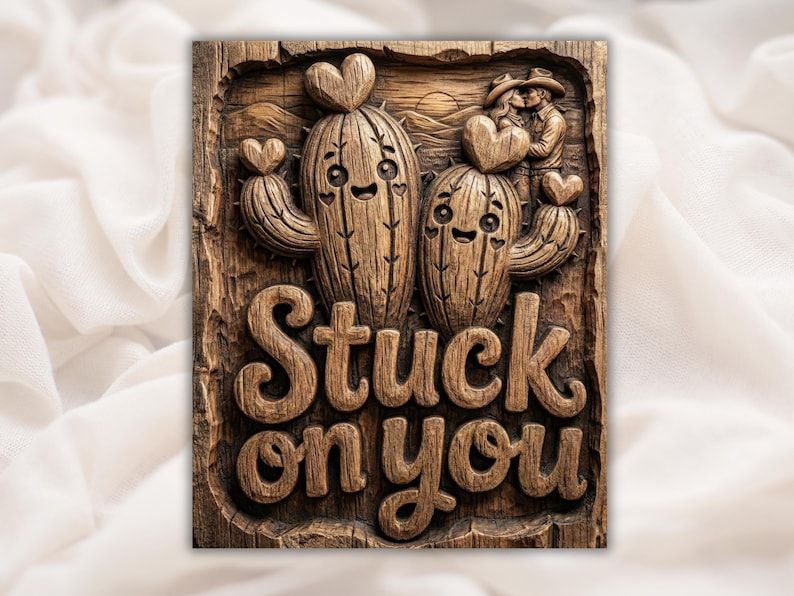 Carved wood relief of two smiling cacti with hearts and a kissing cowboy couple above the words Stuck On You