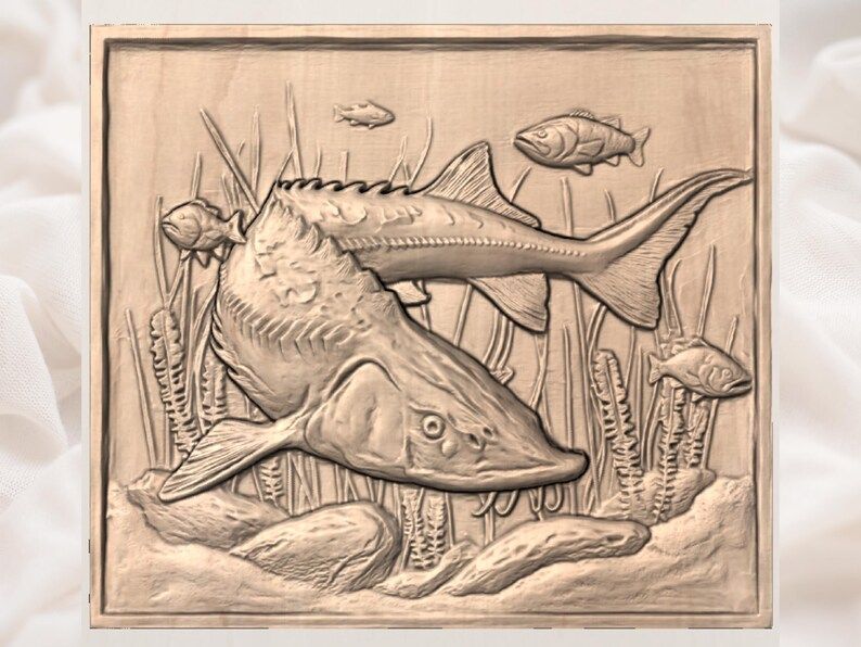 Bottom-Feeding Sturgeon Underwater Scene Bas-Relief STL bas-relief STL — view 2