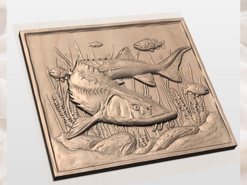Bottom-Feeding Sturgeon Underwater Scene Bas-Relief STL bas-relief STL — view 3