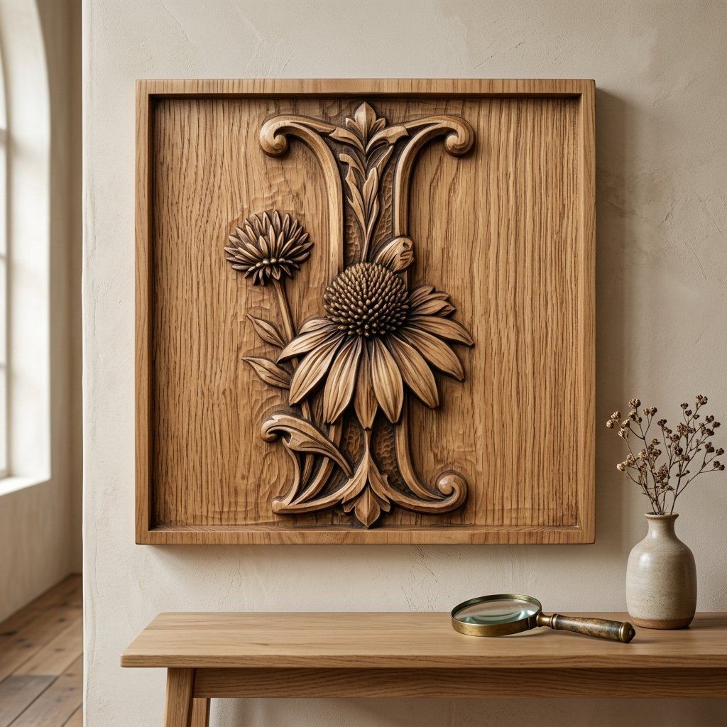Stylized Floral Letter I Monogram CNC Relief STL bas-relief STL — view 12