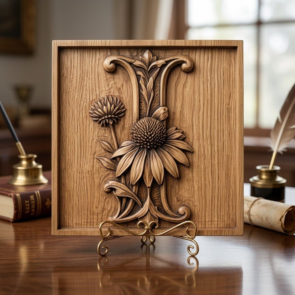 Stylized Floral Letter I Monogram CNC Relief STL bas-relief STL — view 13