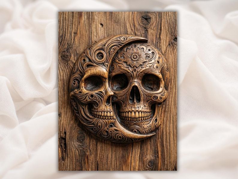 Carved wood bas-relief of a sugar skull fused with a crescent moon, covered in floral scroll detail and a mandala