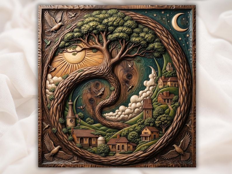 Bas-relief carving of a Tree of Life splitting a sunny daytime side from a moonlit village night with birds.