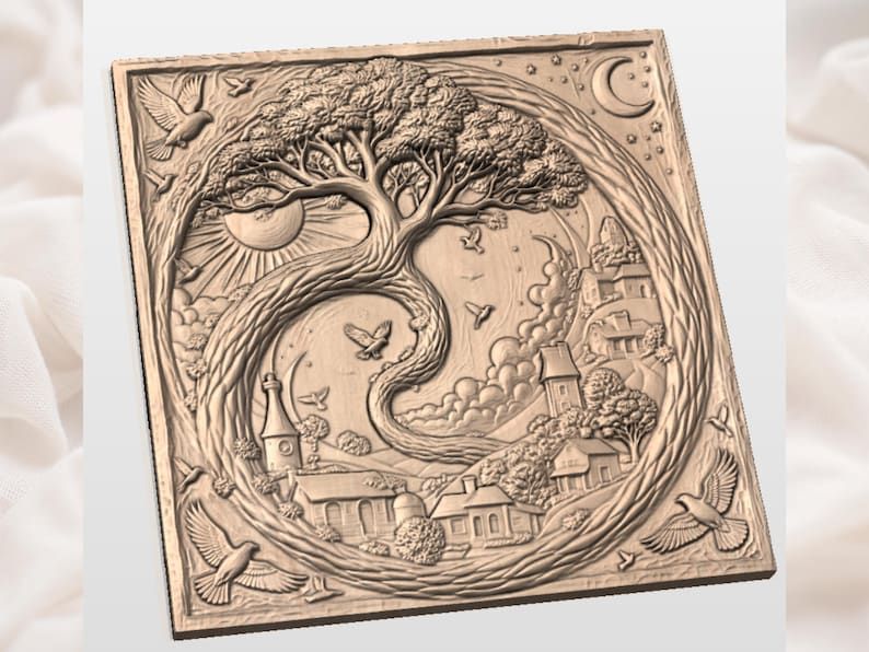 Sun and Moon Tree of Life with Day and Night Village Relief bas-relief STL — view 2