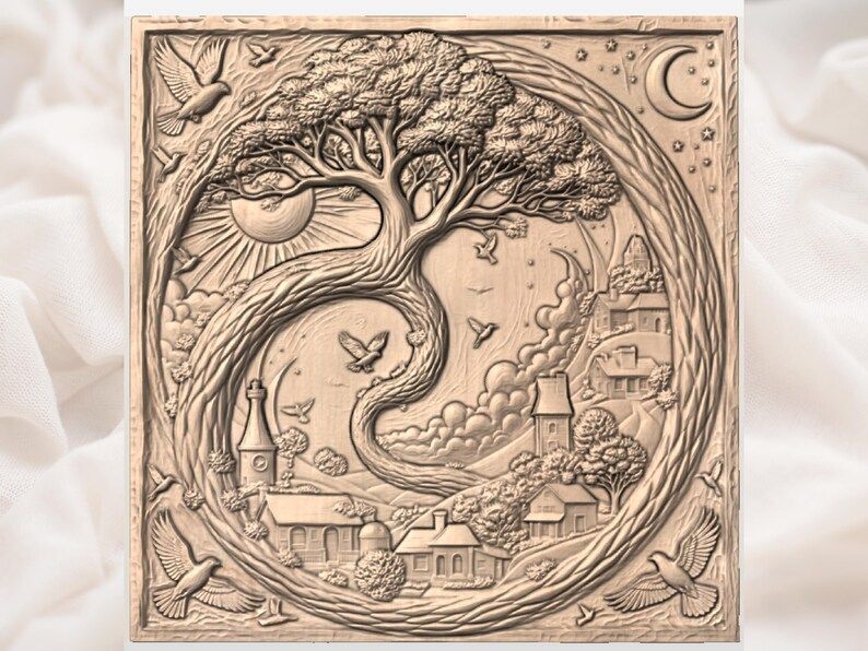 Sun and Moon Tree of Life with Day and Night Village Relief bas-relief STL — view 3
