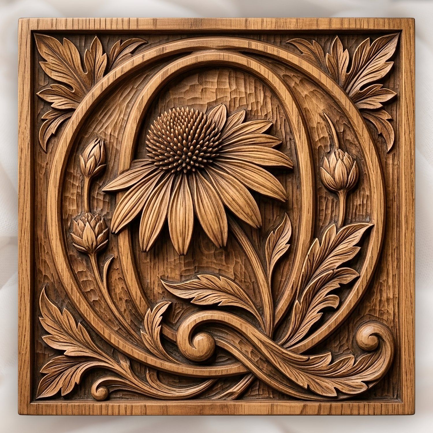 Sunflower Botanical Initial Q Wood Panel CNC Relief STL bas-relief STL design