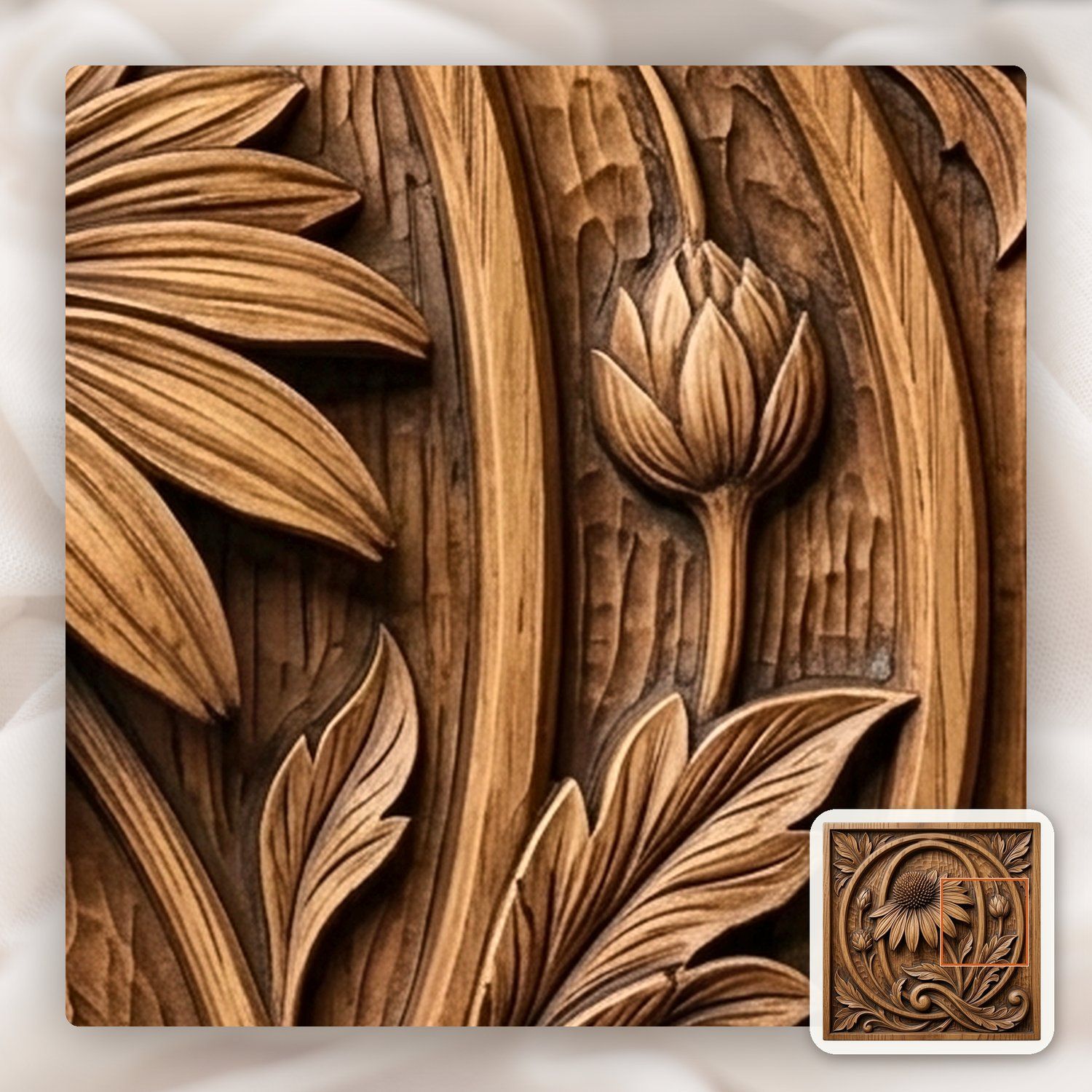 Sunflower Botanical Initial Q Wood Panel CNC Relief STL bas-relief STL — view 10