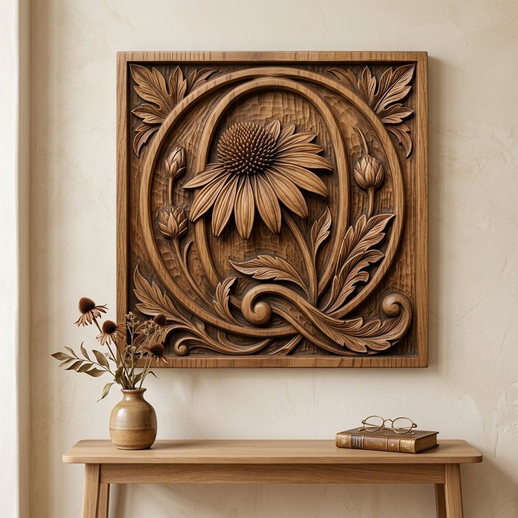 Sunflower Botanical Initial Q Wood Panel CNC Relief STL bas-relief STL — view 12