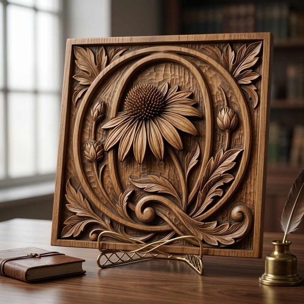 Sunflower Botanical Initial Q Wood Panel CNC Relief STL bas-relief STL — view 13