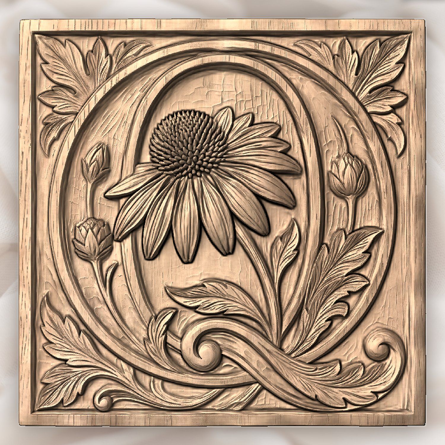 Sunflower Botanical Initial Q Wood Panel CNC Relief STL bas-relief STL — view 2