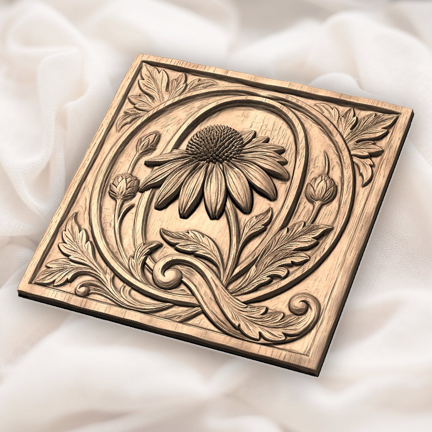 Sunflower Botanical Initial Q Wood Panel CNC Relief STL bas-relief STL — view 3
