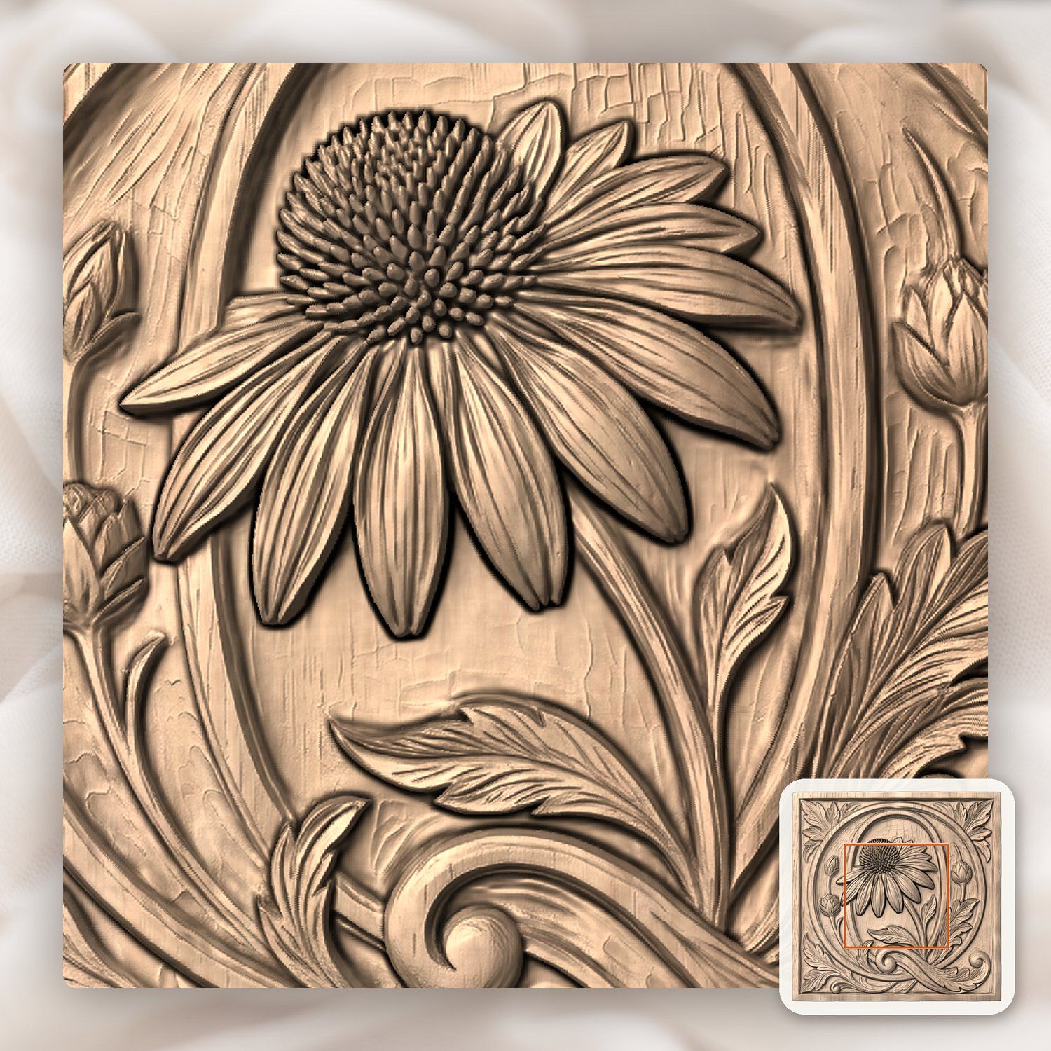 Sunflower Botanical Initial Q Wood Panel CNC Relief STL bas-relief STL — view 4