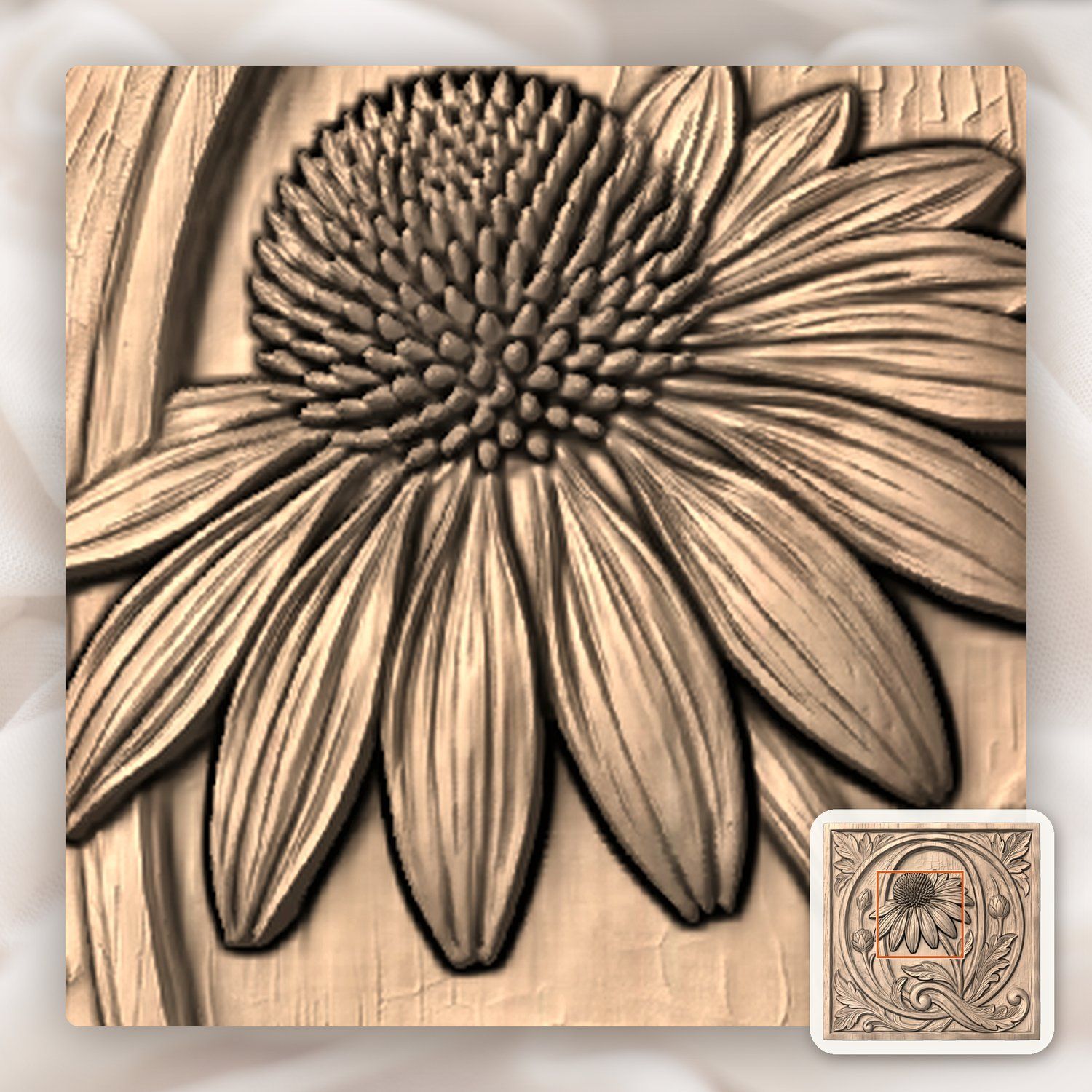 Sunflower Botanical Initial Q Wood Panel CNC Relief STL bas-relief STL — view 5