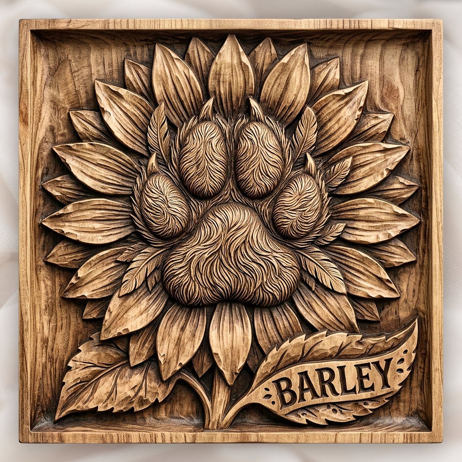 Sunflower Dog Paw Memorial CNC Relief STL | Rustic Pet Tribute Wall Art | Floral Wood Carving Panel Decor — carved bas relief STL file for CNC