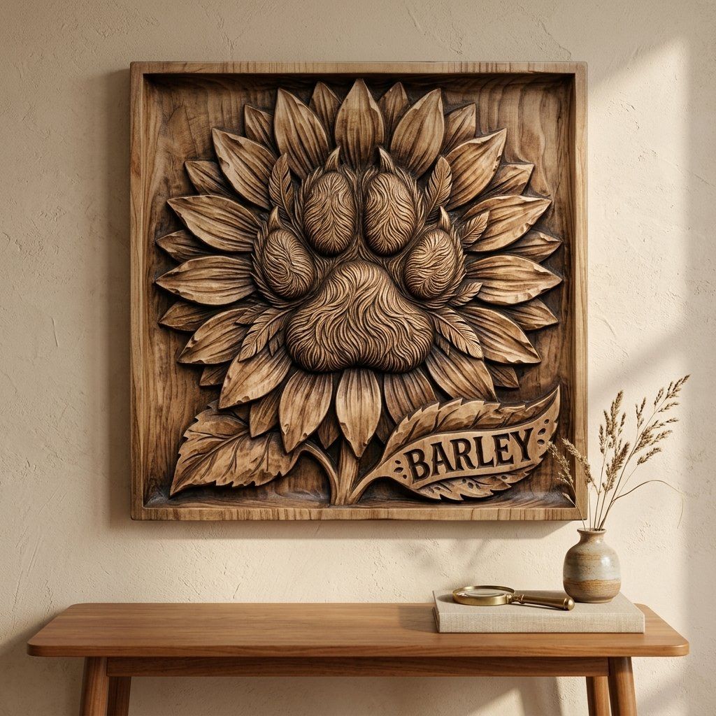 Sunflower Dog Paw Memorial CNC Relief STL bas-relief STL — view 12