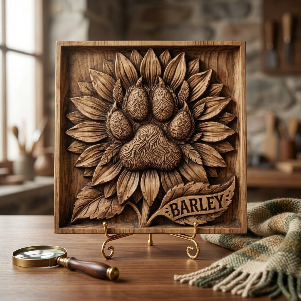 Sunflower Dog Paw Memorial CNC Relief STL bas-relief STL — view 13