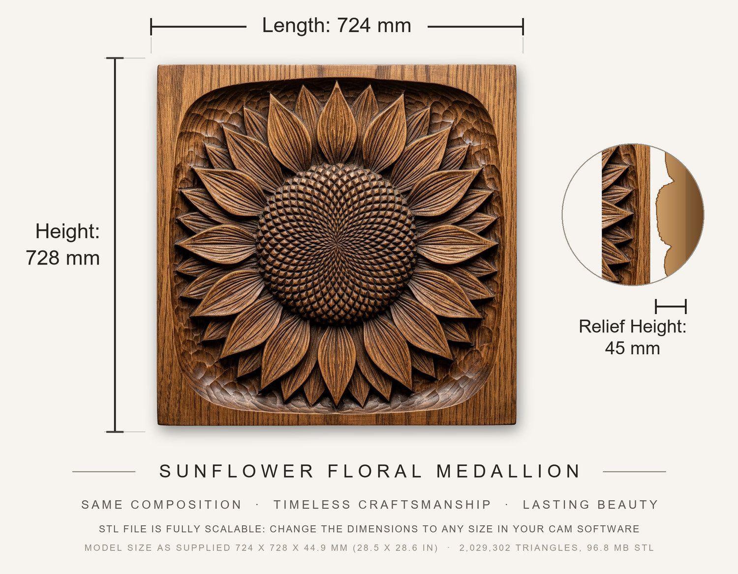 Sunflower Floral Medallion CNC Relief STL bas-relief STL — view 3