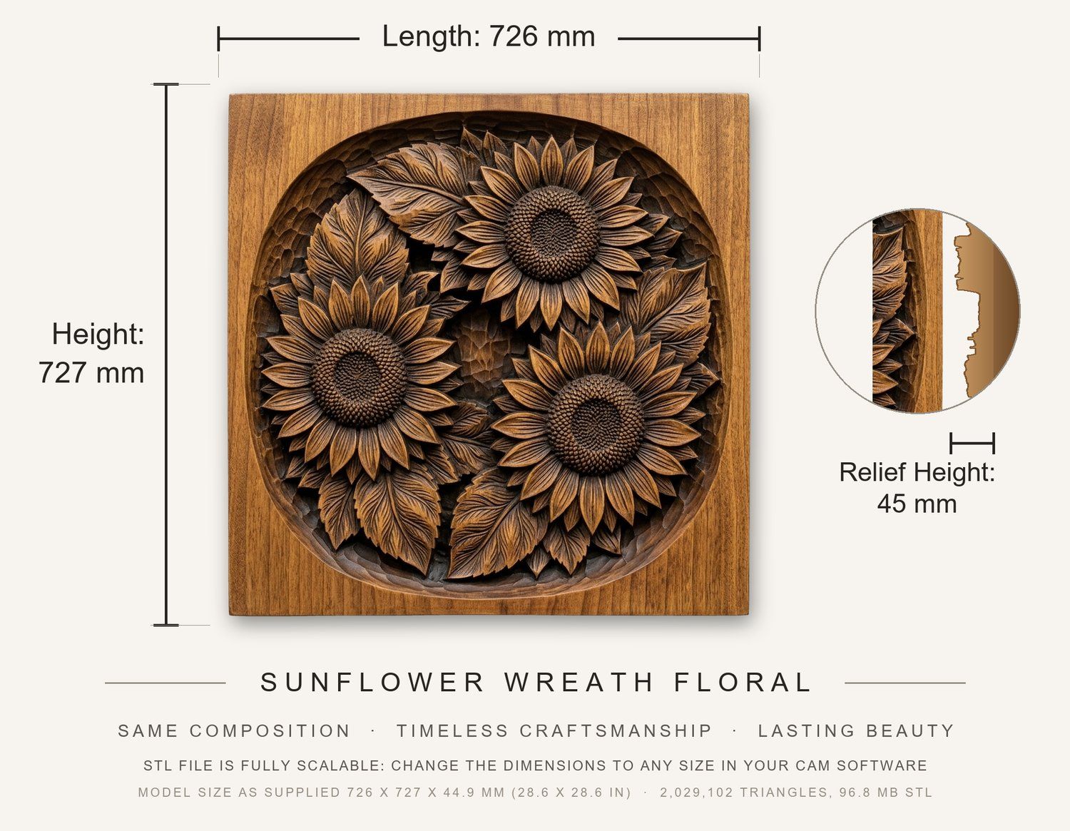 Sunflower Wreath Floral CNC Relief STL bas-relief STL — view 3