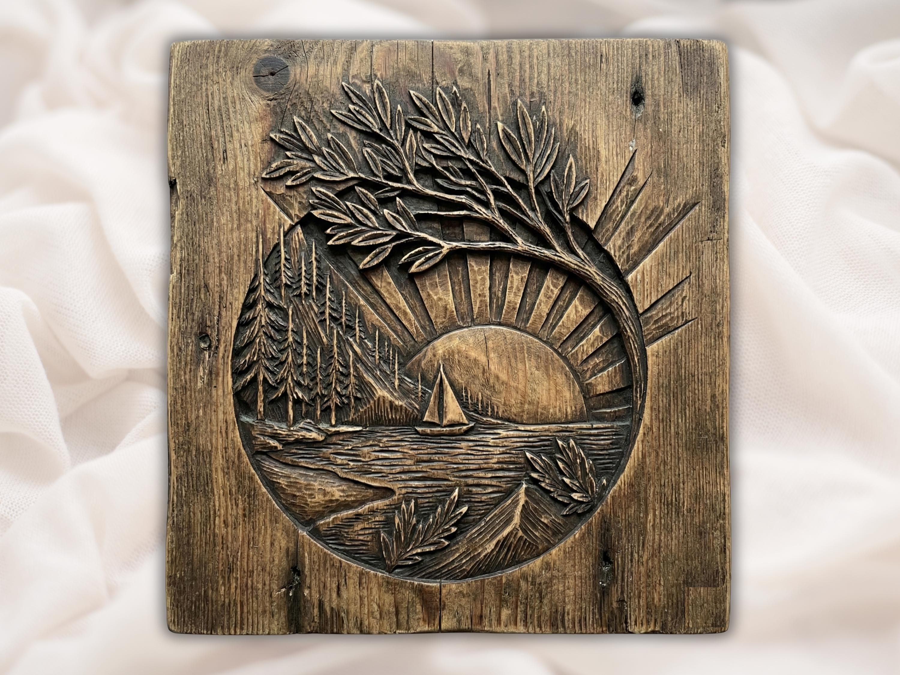 Carved wood bas-relief of a sailboat on a lake at sunset with sunbeams, pine forest, and overhanging leaves.