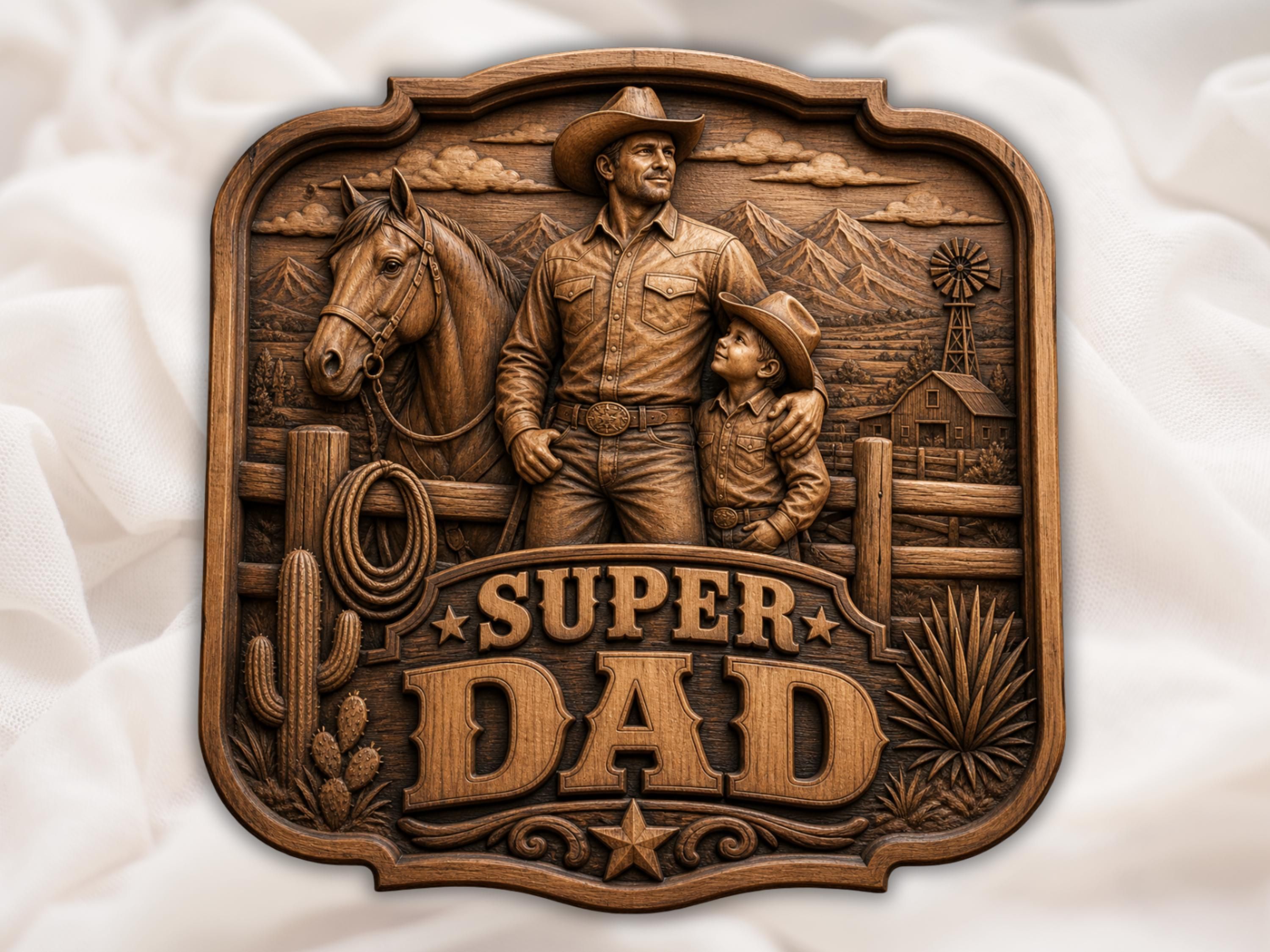 Carved wood bas-relief of a cowboy dad and son with a horse and mountains above SUPER DAD lettering and a star.