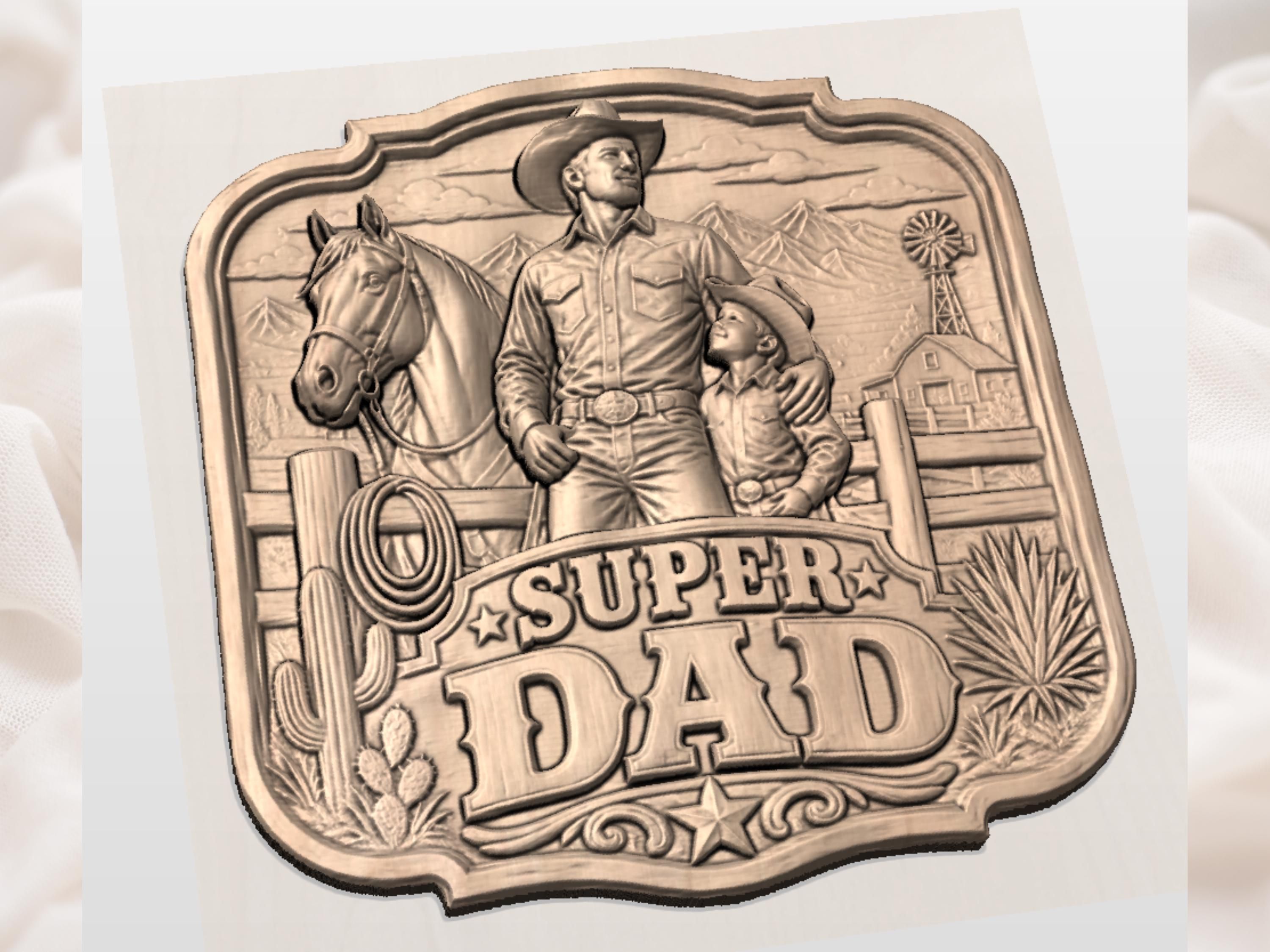 Super Dad Cowboy and Son Western Bas-Relief STL Carving bas-relief STL — view 2