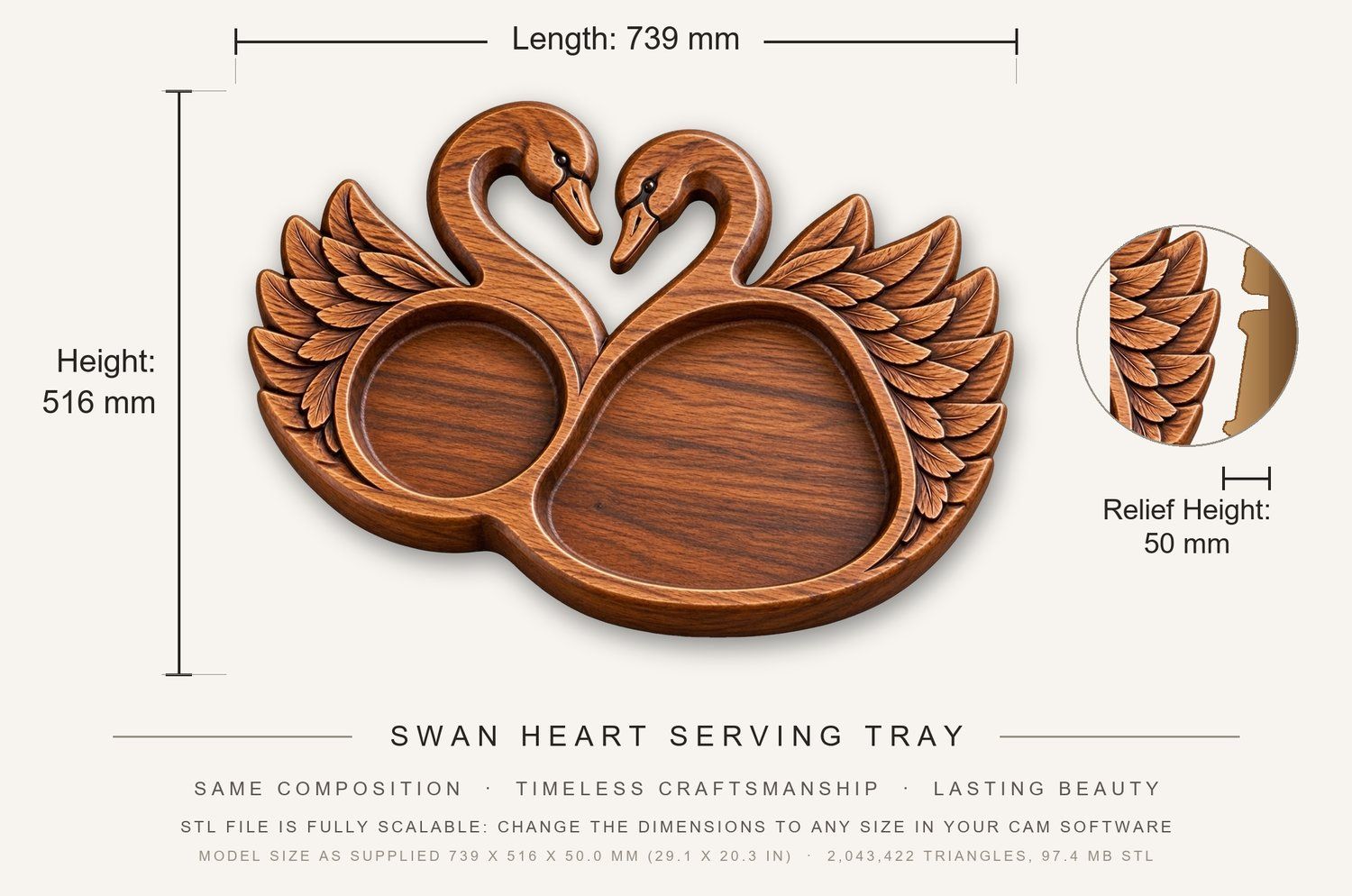 Swan Heart Serving Tray CNC Relief STL bas-relief STL — view 3