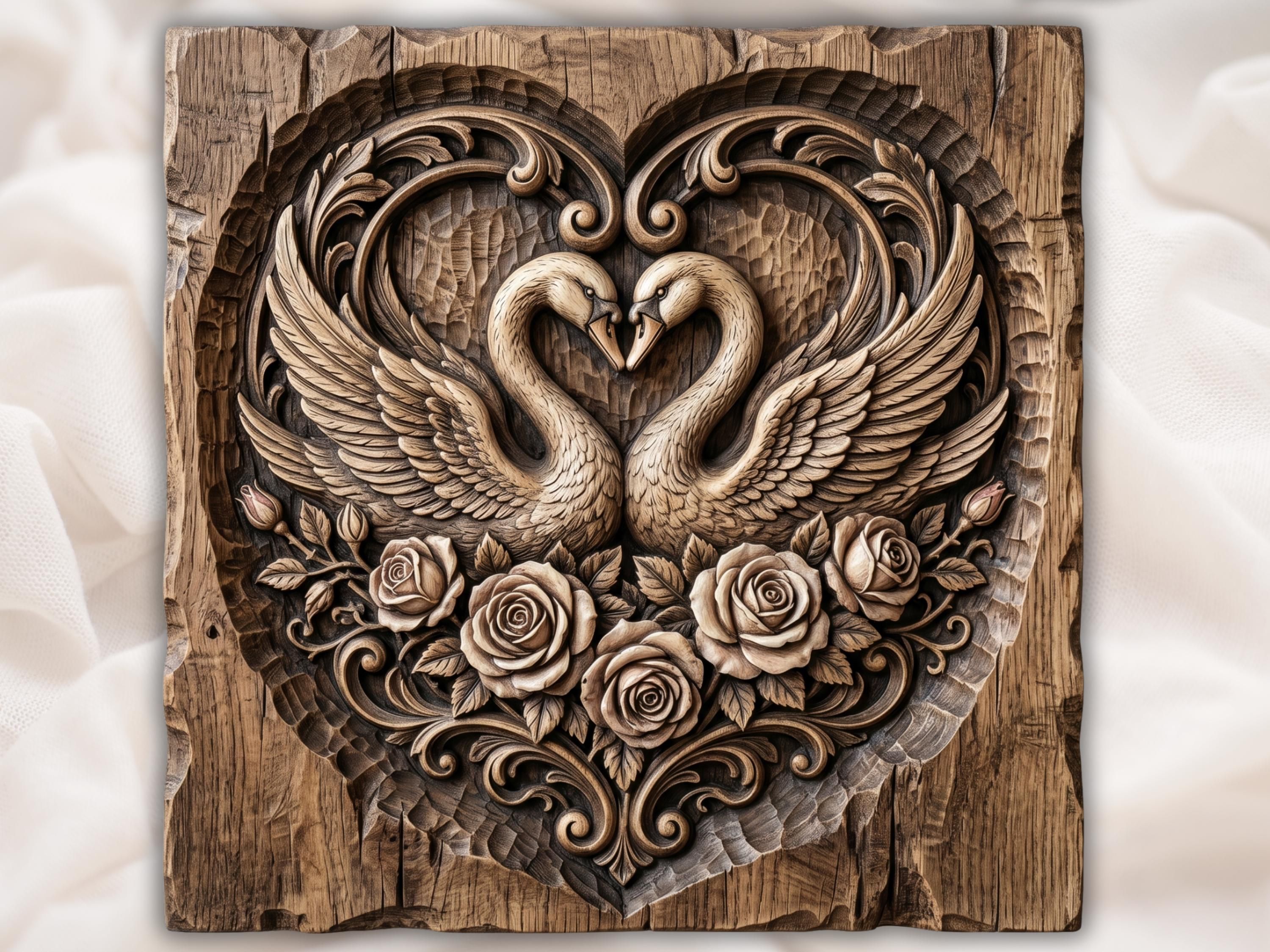 Bas-relief wood carving of two swans forming a heart with their necks above a cluster of roses and scrollwork.
