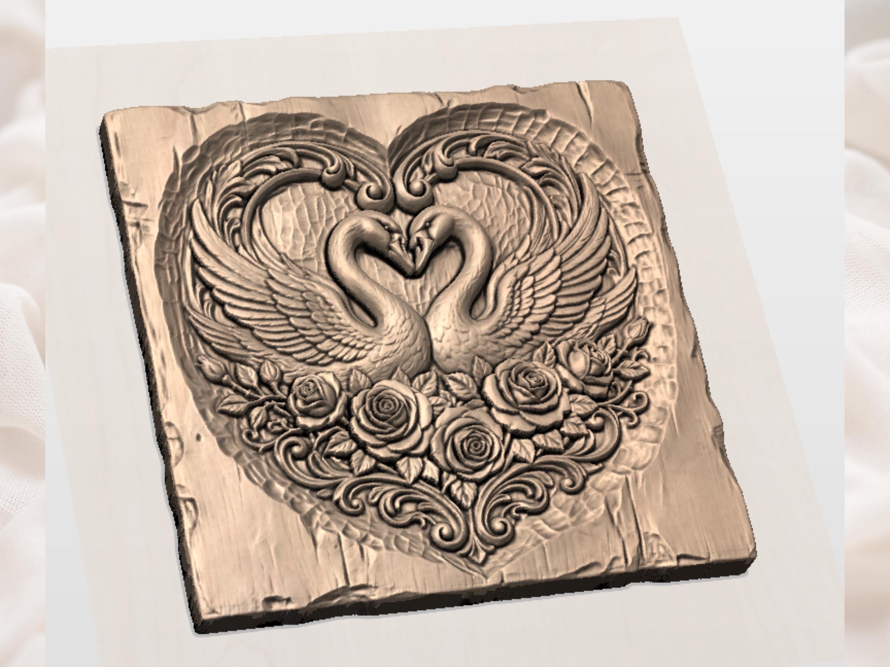Two Swans Forming a Heart Over Roses Bas-Relief STL bas-relief STL — view 2