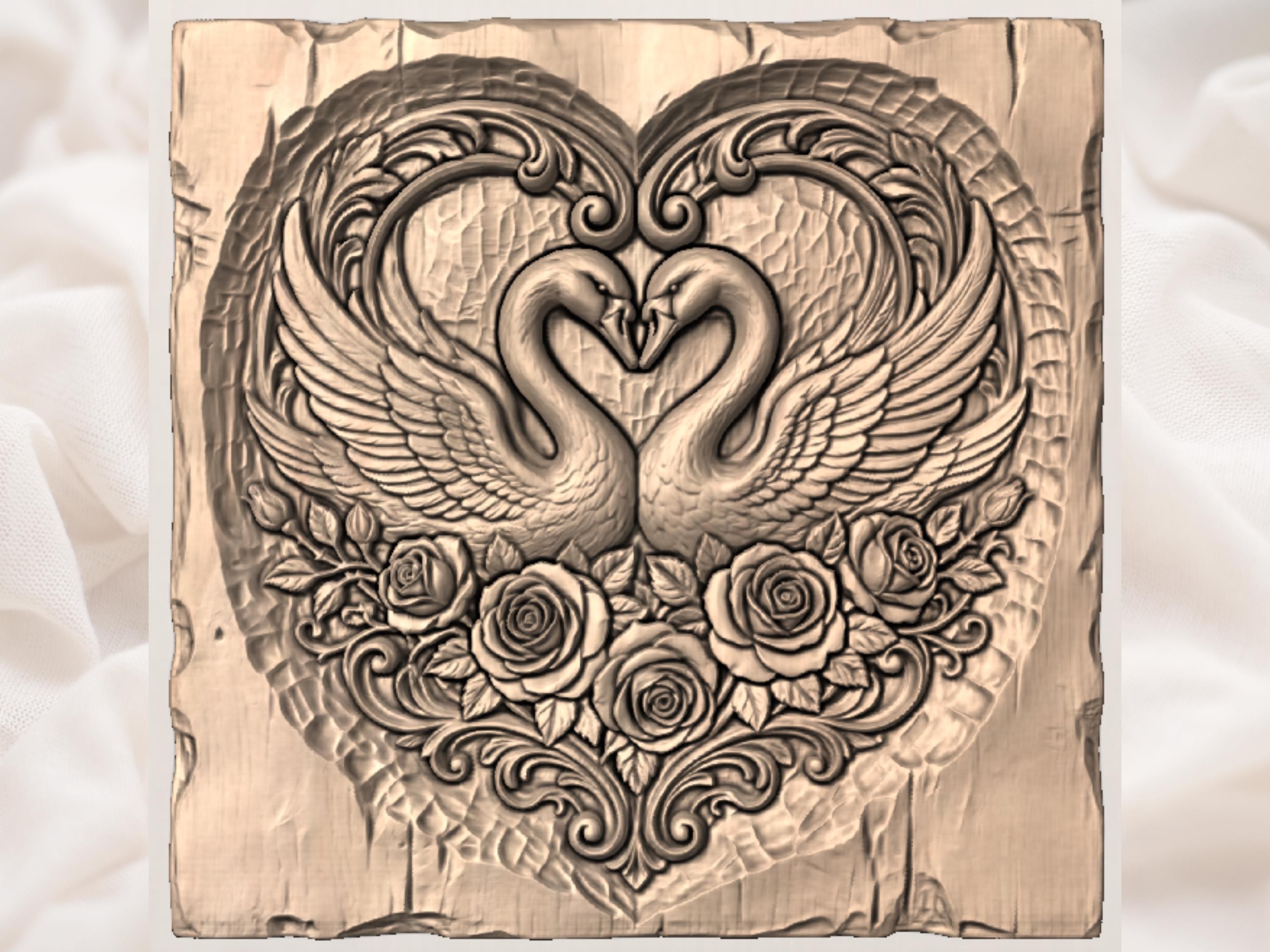 Two Swans Forming a Heart Over Roses Bas-Relief STL bas-relief STL — view 3