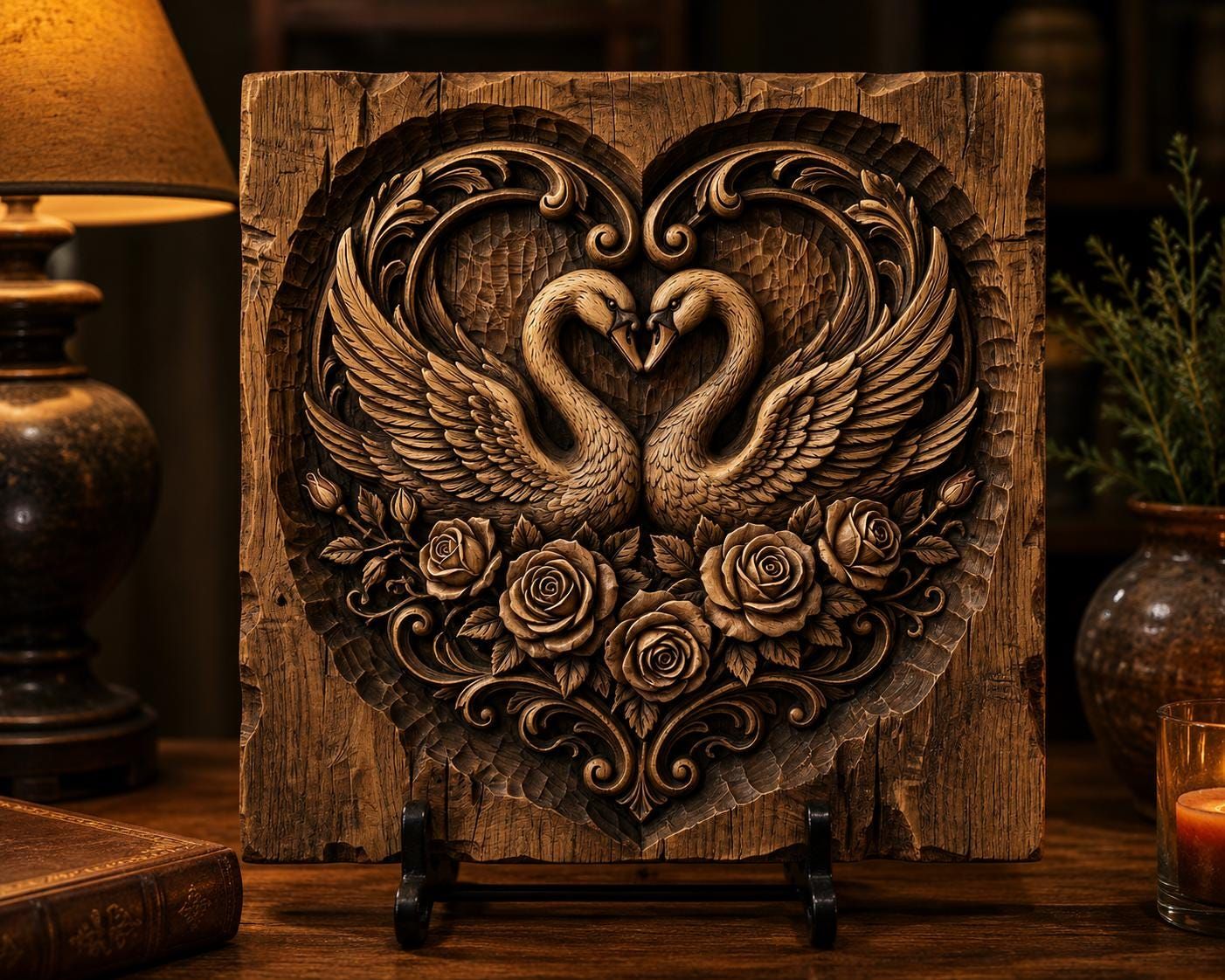 Two Swans Forming a Heart Over Roses Bas-Relief STL bas-relief STL — view 4